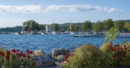Boats on a lake in Boyne City, Michigan