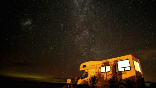 A camper van parked under a starry night sky, with the Milky Way visible above.