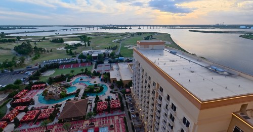 A drone view of Lake Charles, Louisiana at sunset.