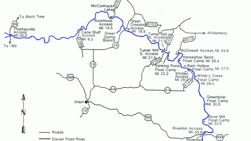 Map of Eleven Point River showing access points and float camps, with routes and distances marked.