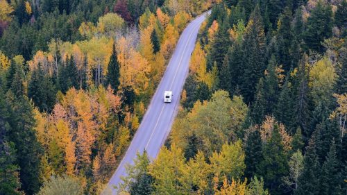 Aerial view of a winding road surrounded by vibrant autumn foliage and evergreen trees. A vehicle travels along the road.