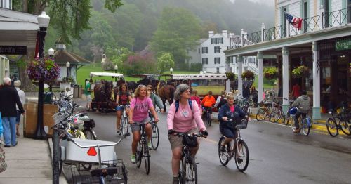 Riding bikes on Mackinac Island in Michigan