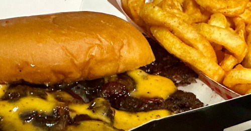 Cheesy smash burger with fries from Level Zero Smash Burgers in Dearborn, Michigan.