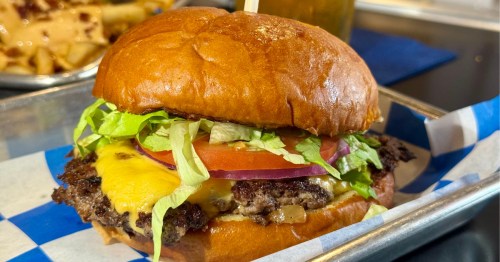 Closeup of smashed burger in Florida restaurant