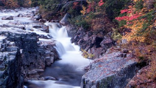 A serene river flows over rocks, surrounded by vibrant autumn foliage in a tranquil natural setting.