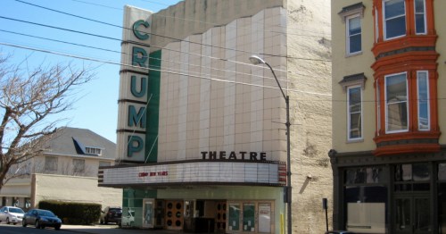 Historic Art Deco exterior of the Crump Theatre in Columbus, Indiana.