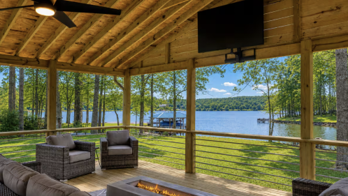 Stunning view of a lake as seen from a covered deck at a waterfront rental Airbnb in Alabama.