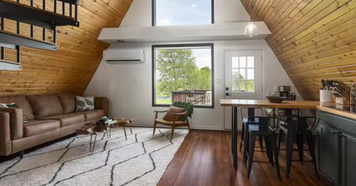 Living room in the White Oak Cabin in Makanda, Illinois.