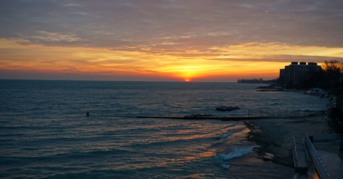 Sunset over a beach in Wilmette, Illinois.