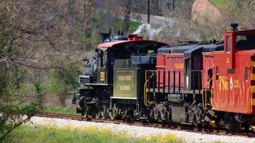 A vintage steam locomotive and red caboose on a railway track surrounded by greenery and trees.