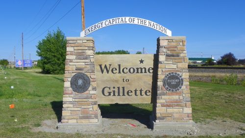 Welcome sign for Gillette, Wyoming, featuring the phrase "Energy Capital of the Nation" and stone pillars.