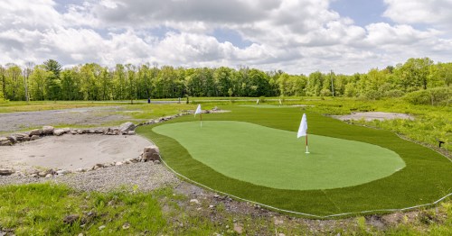 A small green mini golf course in New York at a rustic Airbnb home.