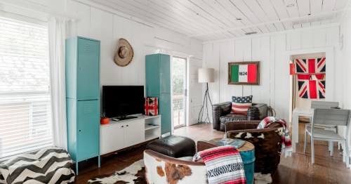 A colorful interior of an Austin, Texas Airbnb near South Congress.