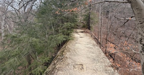 A narrow trail crosses a forest high above it.