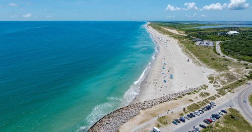 A drone view of the beach at Fort Fisher State Recreation Area, a hidden beach in North Carolina.