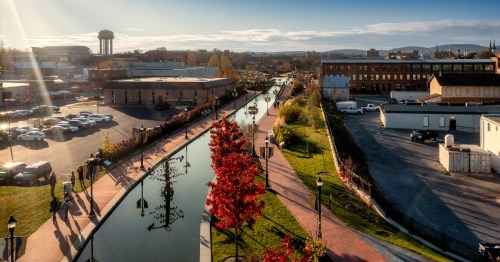 An aerial view of downtown Frederick, Maryland, with Carroll Creek flowing down its center.