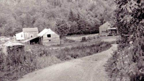 Black and white photo of a rural landscape with several old wooden buildings and a winding dirt road.