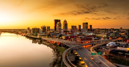 View of Louisville, Kentucky, on the river with the highway along the water