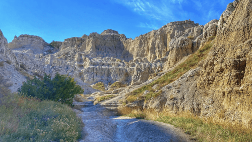 A scenic view of rugged rock formations and a winding path through a grassy area under a clear blue sky.