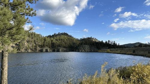 A serene lake surrounded by trees and hills under a blue sky with fluffy clouds.