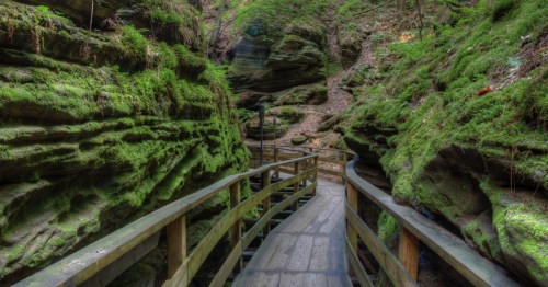 A wooden boardwalk winds between mossy rock walls.