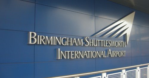 sign for the Birmingham-Shuttlesworth International Airport in Birmingham, Alabama