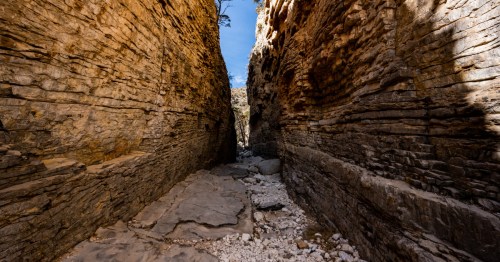 Towering limestone walls rise above the rocky canyon floor at Devil's Hall on the Devil's Hall Trail in Texas.