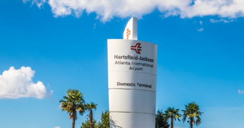 airport entrance sign for the domestic terminal at Hartsfield-Jackson Atlanta International Airport in Georgia