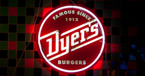 neon sign for dyer's burgers, famous since 1912 in memphis tennessee