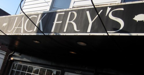 black and white exterior of jack fry's, a longstanding restaurant in louisville ky