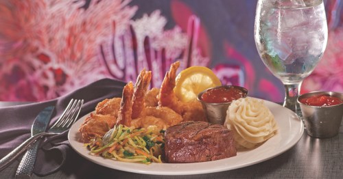 More Ocean dining room and a plate of food including steak at Photo Courtesy of The Fireside Dinner Theatre in Fort Atkinson, Wisconsin