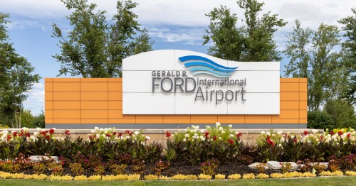 entrance sign to Gerald R. Ford International Airport (GRR) in Michigan