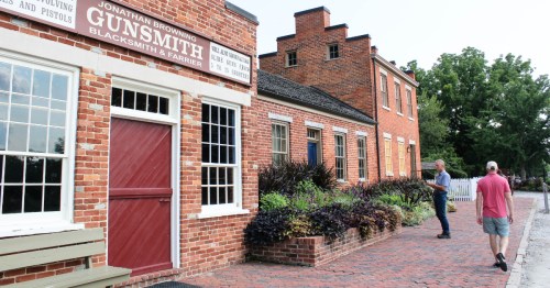 Historic red brick buildings and brick sidewalk in Nauvoo, Illinois