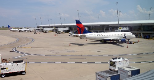 a Delta plane at a terminal gate at International Airport in Marion County, Indiana