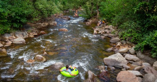 River tubing in gentle cascades, surrounded by the forest.