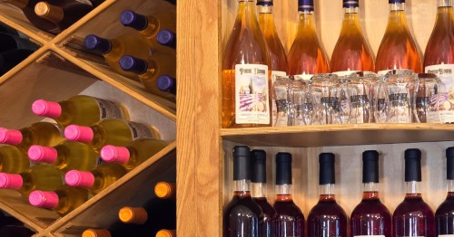 Wine bottles and glasses up-close at the Press House Winery in Nauvoo, Illinois