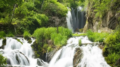 A serene waterfall cascades over rocks, surrounded by lush green foliage and trees in a tranquil natural setting.