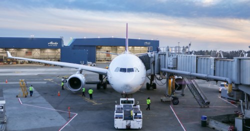 nose of a plane at a gate at Seattle-Tacoma International Airport (SEA) in Washington state