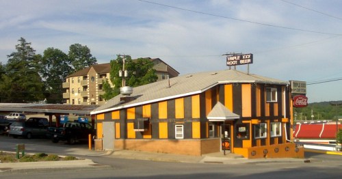 brown and orange striped exterior of triple xxx famile restaurant in west lafayette indiana