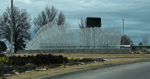 exterior entrance sign to Tulsa International Airport (TUL) in Oklahoma